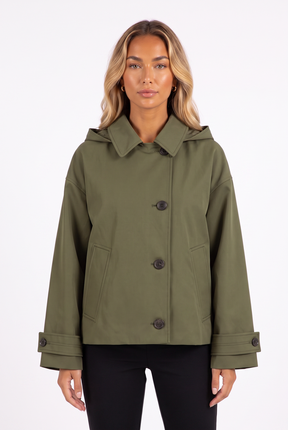 Army green oversized hooded cotton-twill jacket — collar, buttons and cuff detail